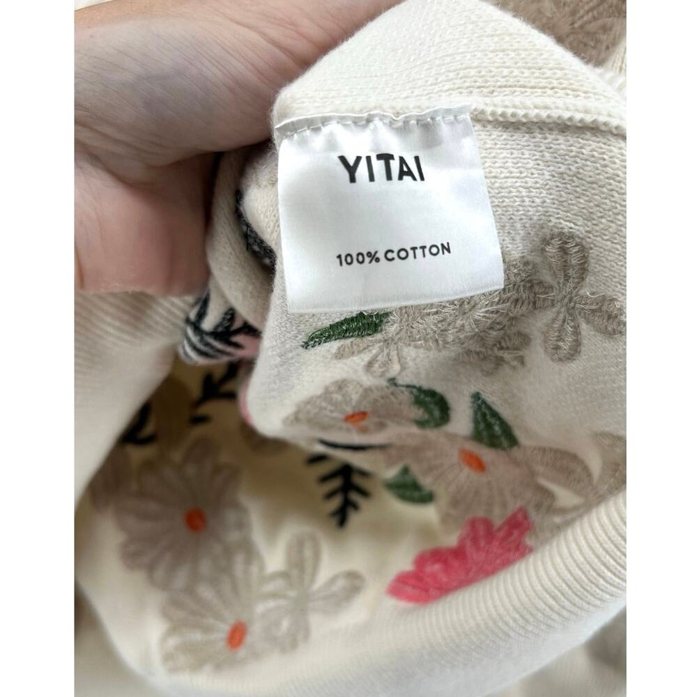 YITAI Songbird Floral Embroidered Crewneck Sweatshirt Size S Cream Heavyweight - Picture 6 of 10